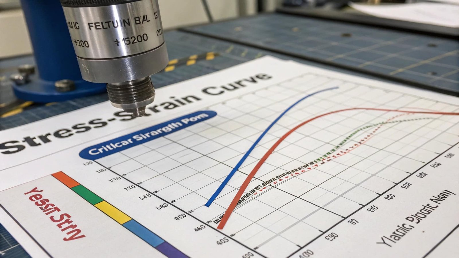 A tensile testing machine in a lab, with an aluminum "dog bone" sample securely clamped in its jaws, ready for a test.